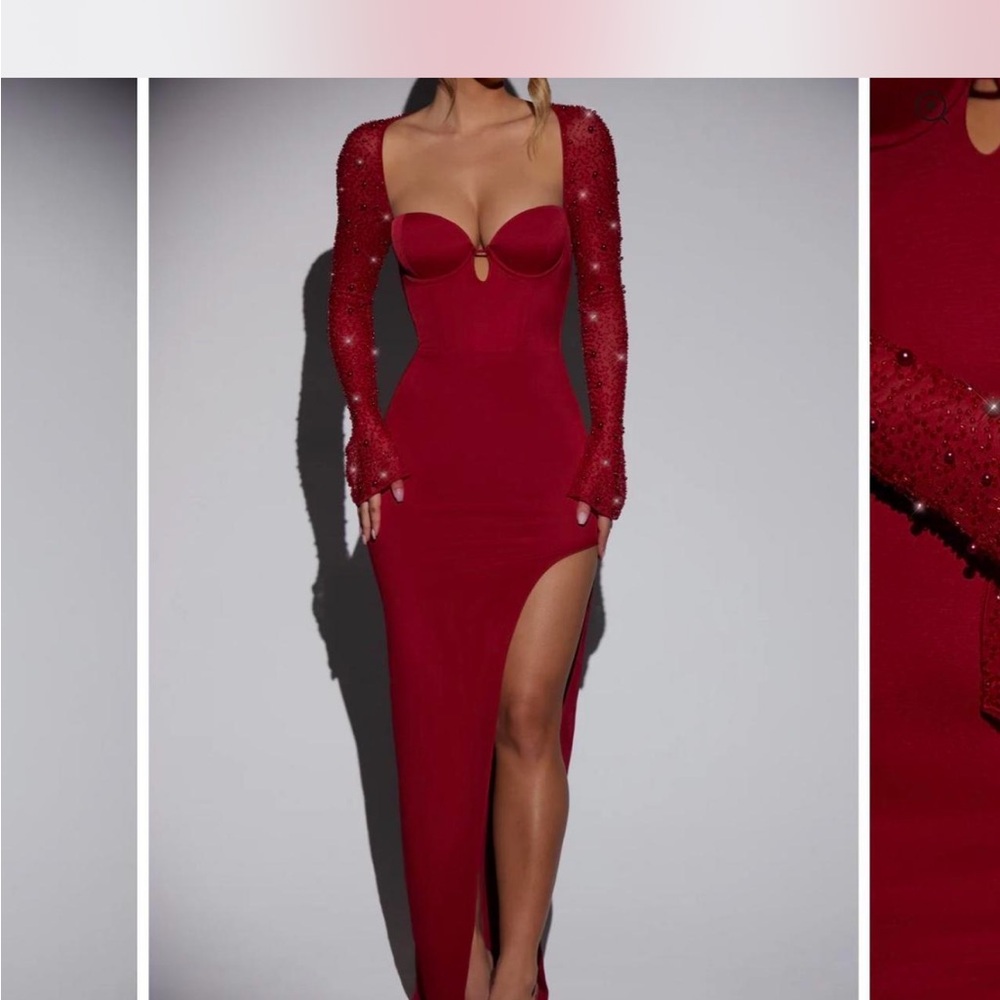 oh polly embellished arms, high split red dress new usa 0